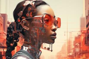 an image of a woman wearing glasses and a robot head generative ai photo