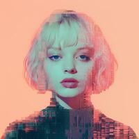 an image of a woman with a blue and pink background generative ai photo