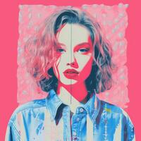 an image of a woman with a blue shirt and pink background generative ai photo