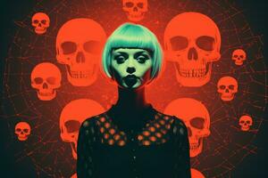 an image of a woman with a blue wig standing in front of skulls generative ai photo