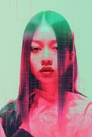 an image of a woman with a pink and green background generative ai photo