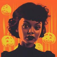 an image of a woman with black hair and a black dress in front of pumpkins generative ai photo