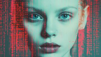 an image of a woman with blue eyes and a binary code on her face generative ai photo