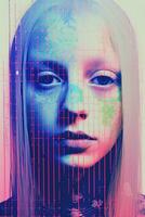 an image of a woman with blue and pink lines on her face generative ai photo