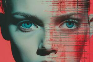 an image of a woman with blue eyes and a red background generative ai photo