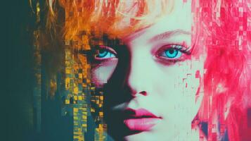 an image of a woman with colorful hair and blue eyes generative ai photo