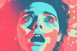 an image of a woman with her mouth open in front of a red and blue background generative ai photo