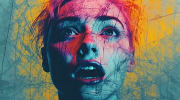 an image of a woman with her mouth open in front of a colorful background generative ai photo