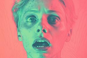 an image of a woman with her mouth open in front of a pink and green background generative ai photo