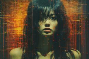 an image of a woman with long hair in front of a computer screen generative ai photo