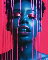 an image of a woman with pink and blue paint dripping down her face generative ai photo