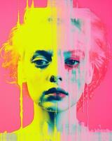 an image of a woman with pink and yellow paint on her face generative ai photo