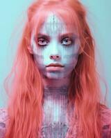 un imagen de un mujer con rosado pelo y azul ojos generativo ai foto