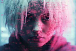 an image of a woman with pink hair in front of a computer screen generative ai photo