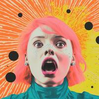 an image of a woman with pink hair and an open mouth generative ai photo