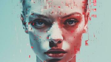 an image of a woman with red and blue pixels on her face generative ai photo