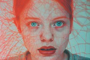 un imagen de un mujer con rojo pelo y azul ojos generativo ai foto