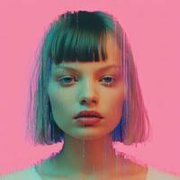 an image of a woman with short hair and a pink background generative ai photo