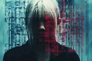 an image of a woman with white hair standing in front of a computer screen generative ai photo