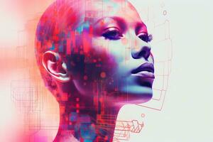 un imagen de un mujeres cara con un digital antecedentes generativo ai foto