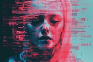 an image of a womans face with a computer screen in the background generative ai photo