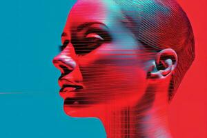 un imagen de un mujeres cara con un rojo y azul antecedentes generativo ai foto