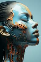 un imagen de un mujeres cara con un robot cabeza generativo ai foto