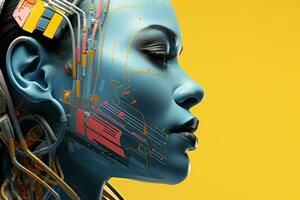 un imagen de un mujeres cara con un electrónico dispositivo en su cabeza generativo ai foto
