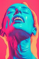 an image of a womans face with blue and pink colors generative ai photo