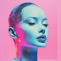 un imagen de un mujeres cara con rosado y azul colores generativo ai foto