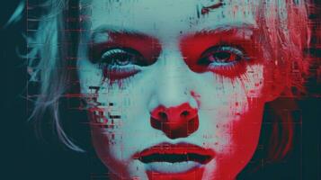 an image of a womans face with red and blue lights generative ai photo