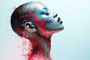 un imagen de un mujeres cabeza con un digital cara generativo ai foto