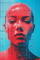 un imagen de un mujeres cara con rojo y azul colores generativo ai foto