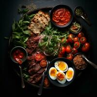 an image of an assortment of food on a black background generative ai photo