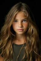 un imagen de un joven niña con largo ondulado pelo generativo ai foto