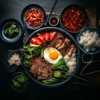 an image of an asian dish with rice meat and vegetables generative ai photo