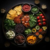 an image of an assortment of food on a wooden platter generative ai photo