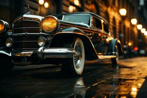 an old car is parked on the street at night generative ai photo