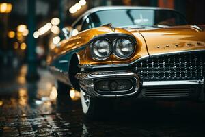 an old car is parked on the street in the rain generative ai photo