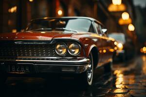 un antiguo coche estacionado en un mojado calle generativo ai foto