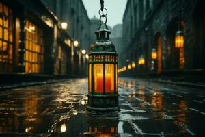 an old lantern is sitting on a cobblestone street in the rain generative ai photo