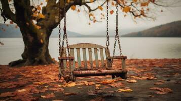 an old wooden swing sitting in the middle of a lake generative ai photo