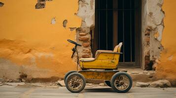 un antiguo amarillo bebé carro se sienta en frente de un antiguo edificio generativo ai foto