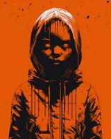 an orange and black poster with a girl in a hoodie generative ai photo