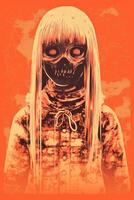 an orange and black poster with a girl with long hair and a skull on her face generative ai photo