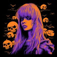an orange and purple illustration of a woman in a halloween costume surrounded by skulls generative ai photo