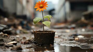 an orange flower growing in a pot on a muddy street generative ai photo