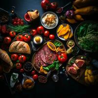 an overhead view of various foods on a table generative ai photo