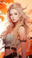 anime girl with long blonde hair standing in front of autumn trees generative ai photo