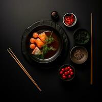 asiático comida con palillos y vegetales en un negro antecedentes generativo ai foto